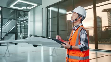 ingeniero revisando el diseño en una instalación moderna