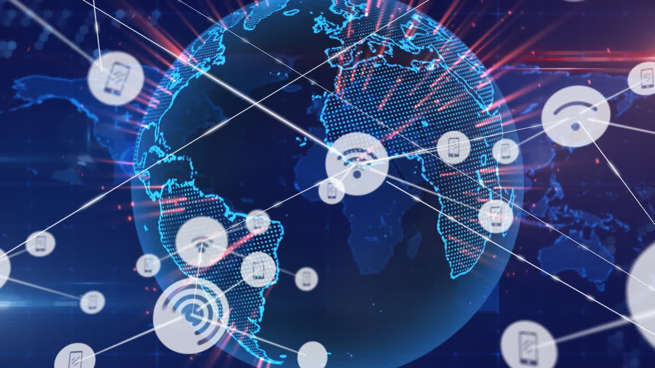 iconos digitales que forman una red y giran el globo contra el mapa del mundo