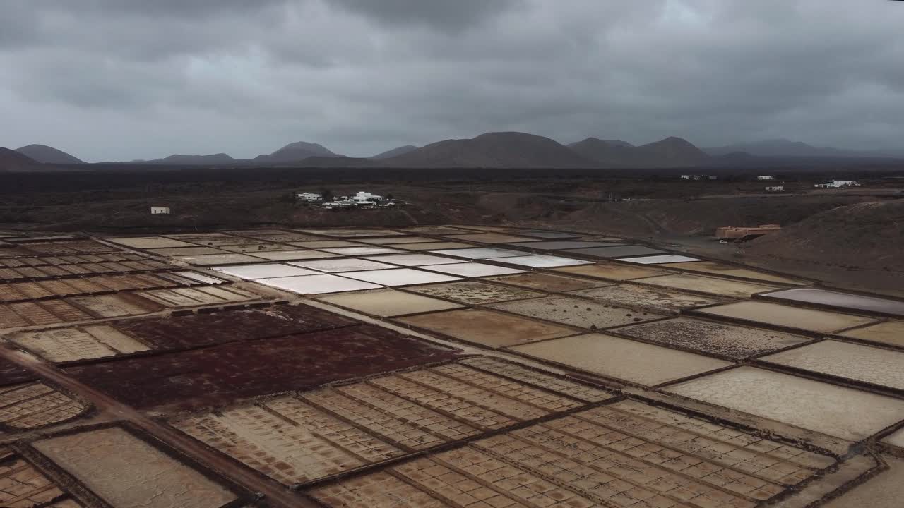 Salt Industry At The Coastline Of Canary Islands With Overcast. Salinas del Janubio In Lanzarote, Spain. wide aerial