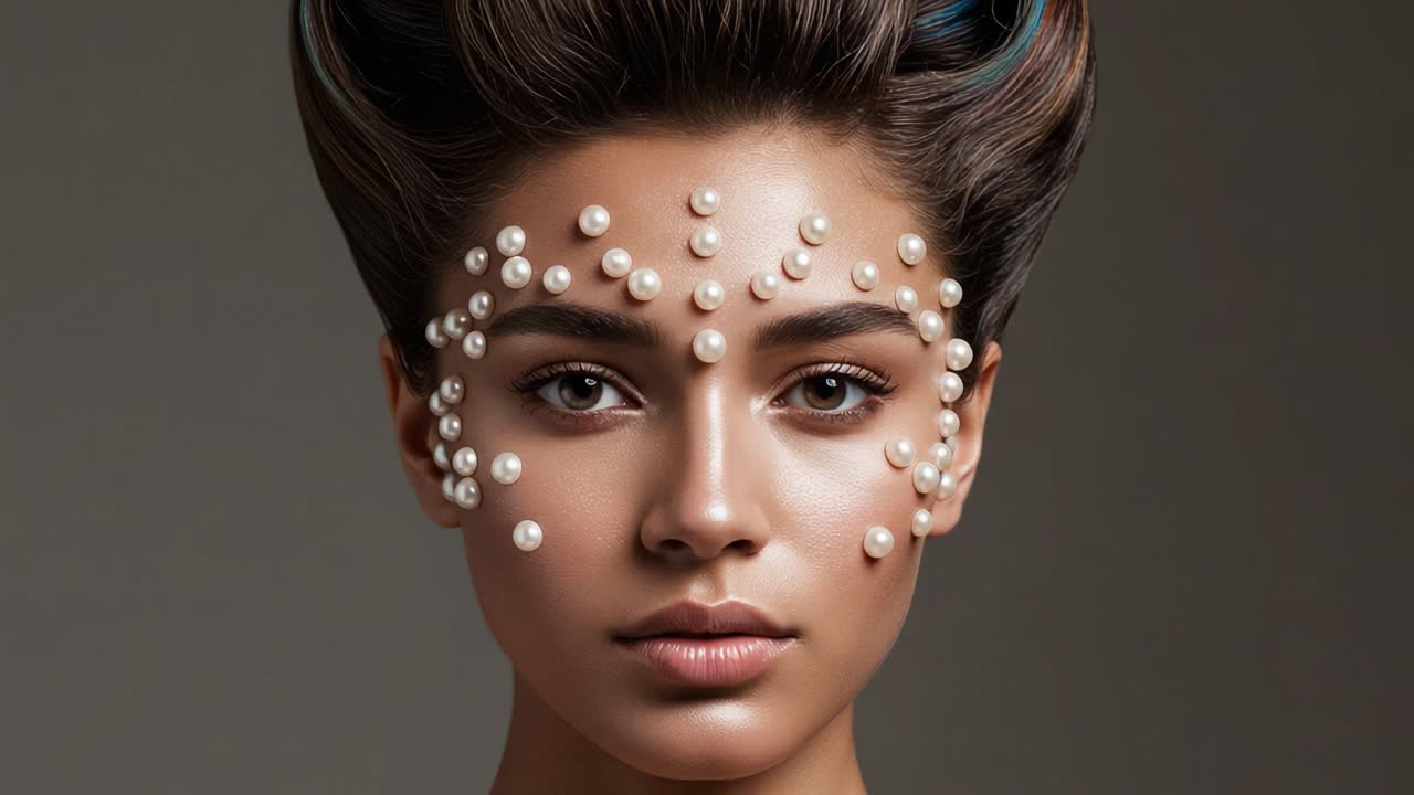 Stunning Beauty Portrait: Artistic Display with Pearls on Face, Emphasizing Facial Features and Unique Hairstyle in an Elegant, High-Fashion Setting