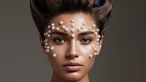 stunning beauty portrait: artistic display with pearls on face, emphasizing facial features and unique hairstyle in an elegant, high-fashion setting