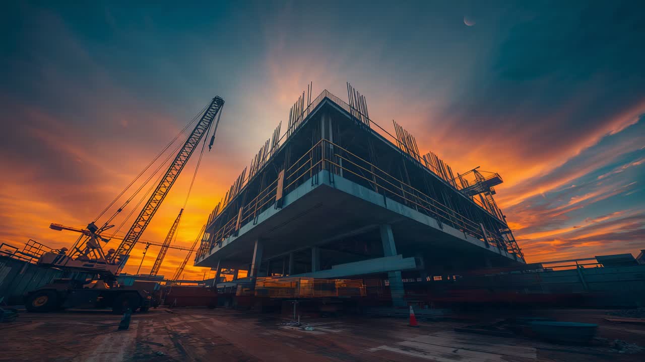 Recording fixed camera filming concrete building at dusk, sunset causing sky shift, crane standing