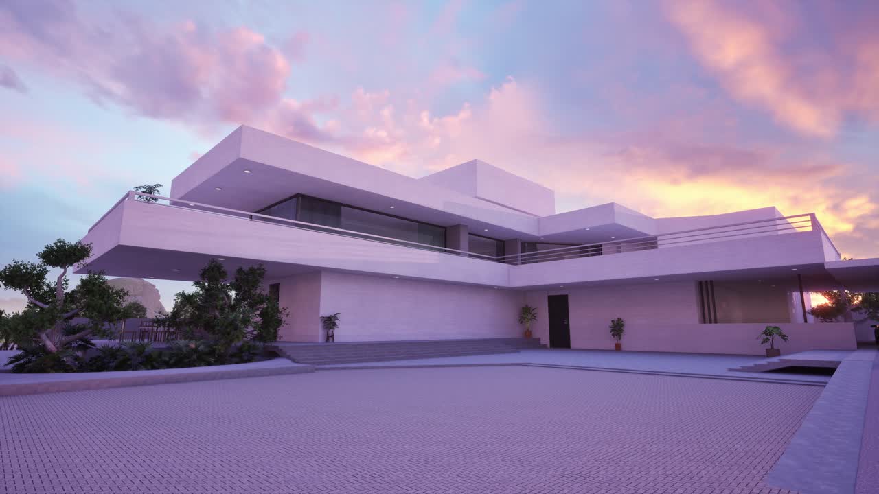 Moderne minimalistisk hus ved solnedgang