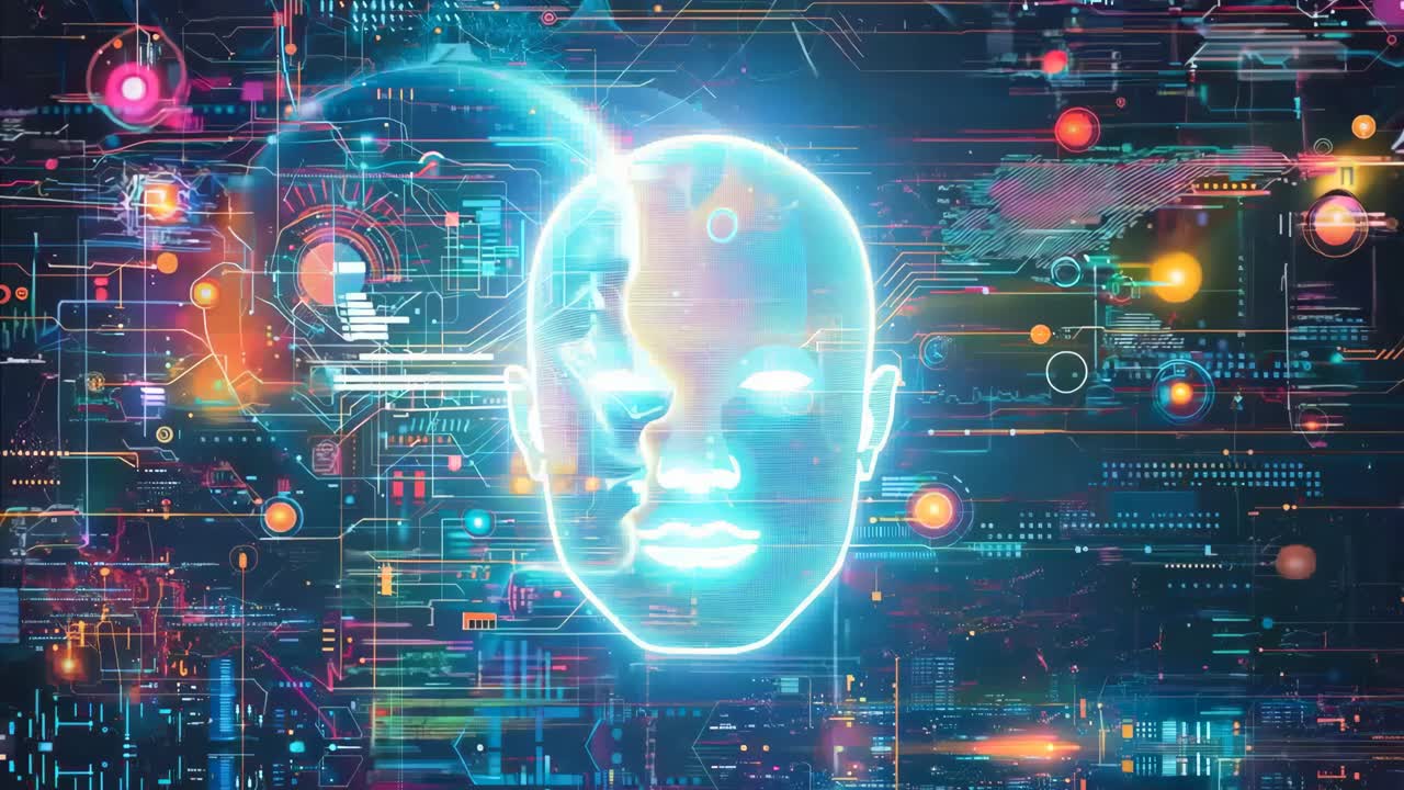 una cara futurista con una placa de circuitos en el fondo