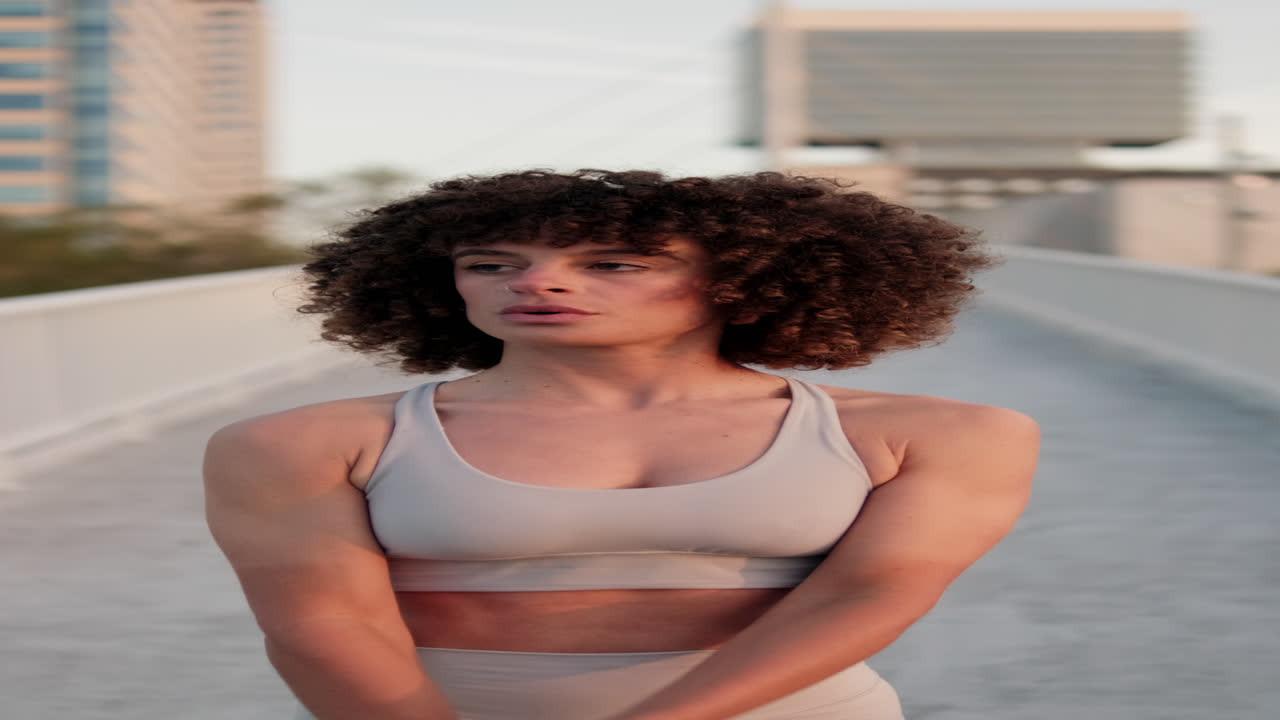 Young Woman Breathing on City Bridge Before Workout