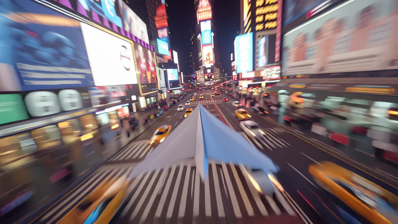 Dynamic footage of a paper airplane gliding above a vibrant city street at night, surrounded by colorful billboards, bright lights, and fast moving traffic creating a dramatic motion blur effect