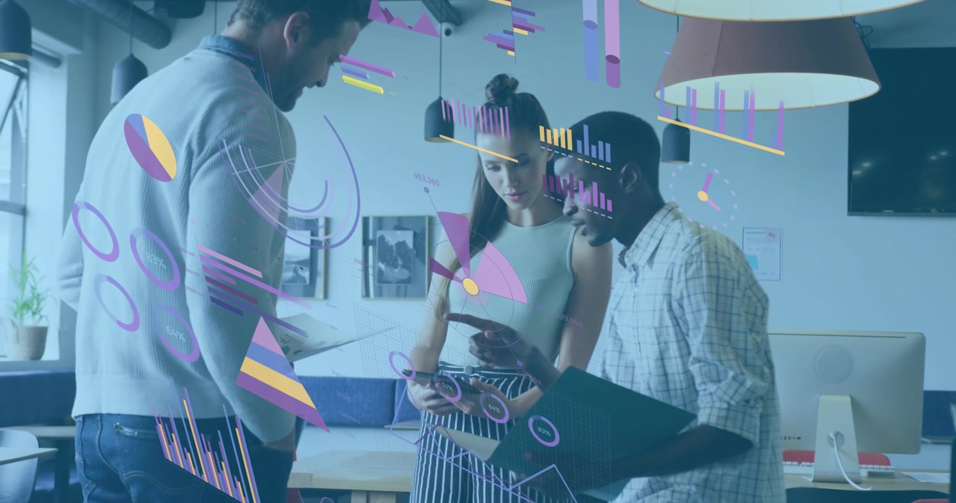 Animation of statistical data processing against diverse colleagues discussing together at office