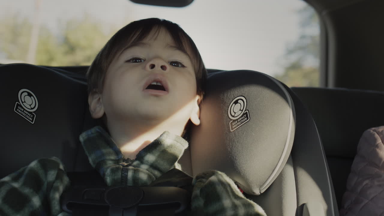 Un niño asiático de dos años viaja en una silla de seguridad infantil en el asiento trasero de un coche.