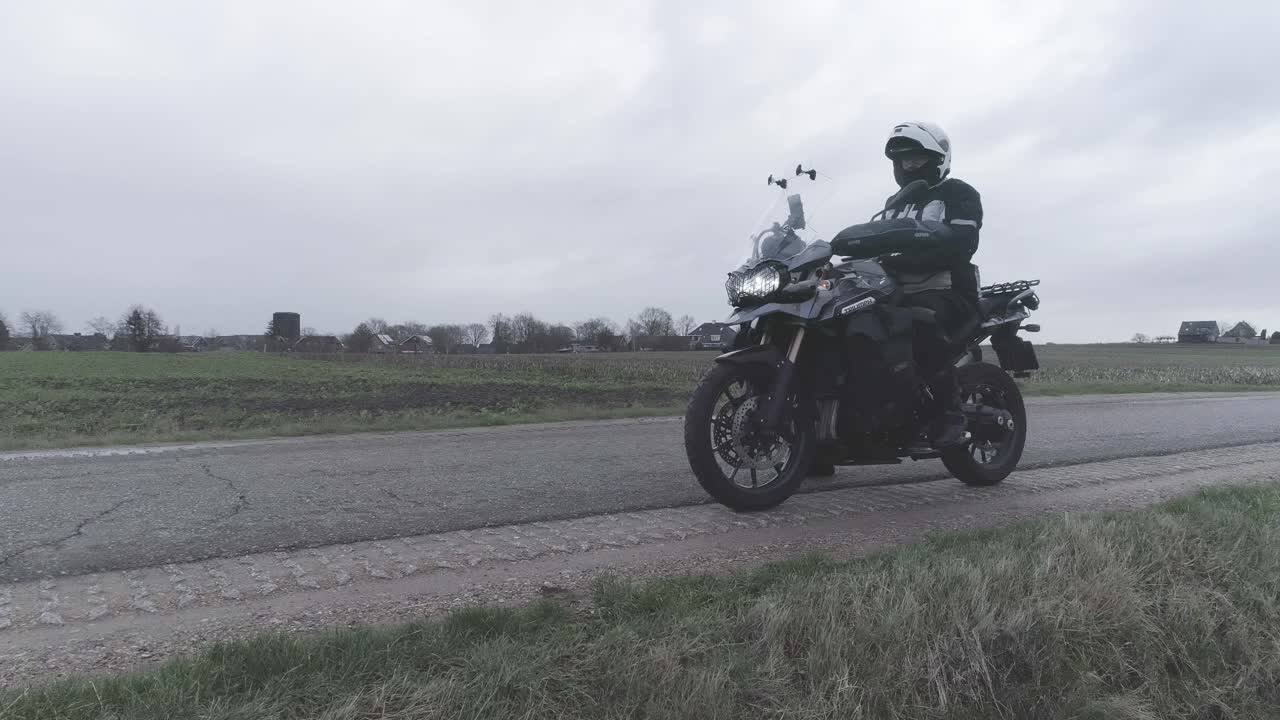 Drone shot of motorcycle standing still