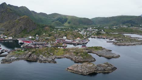 stamsund fishing village at lofoten islands, norway - aerial 4k circling