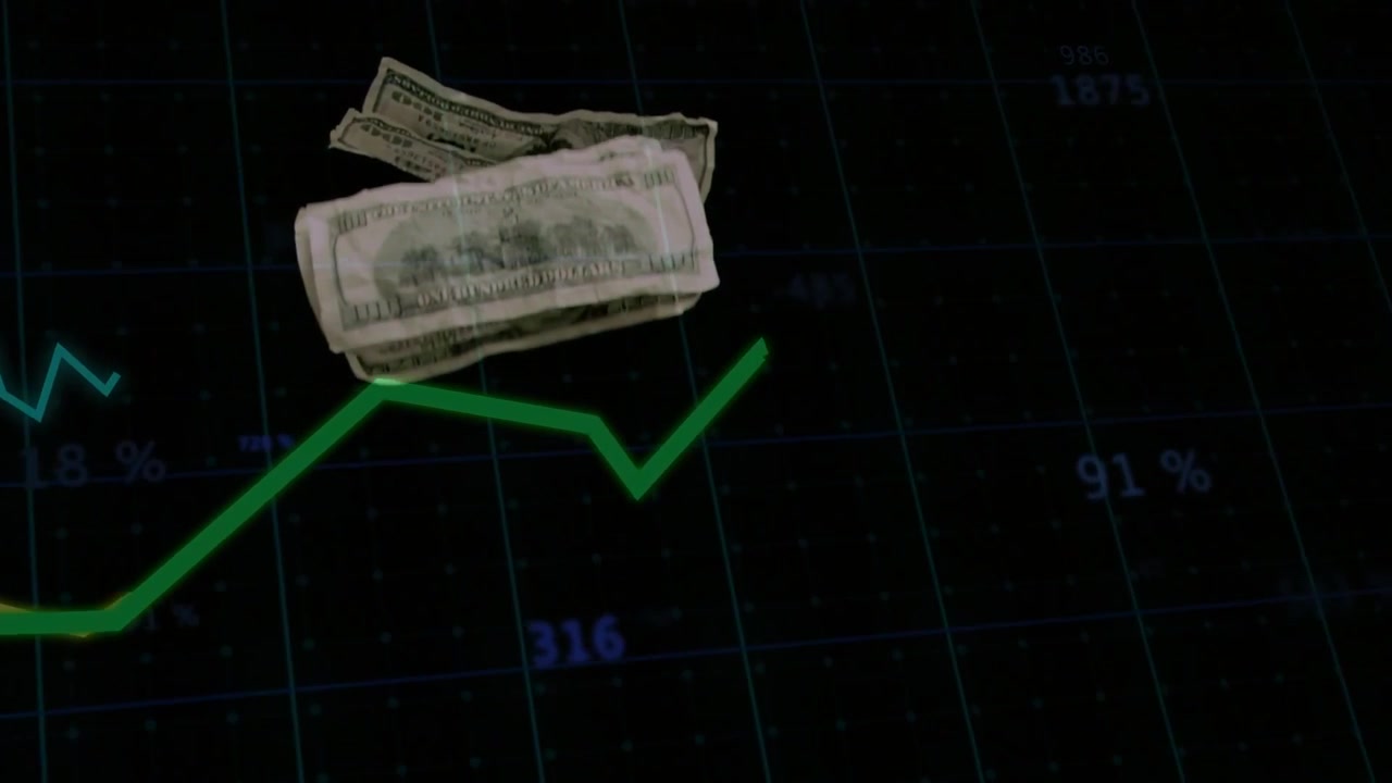 Grid appearing colored traces moving while USD bills entering drifting stacking showing market flow