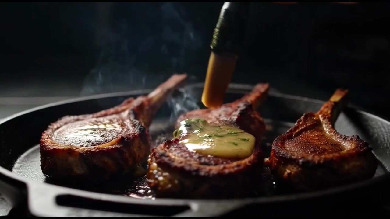 Chef Basting Tomahawk Pork Chops with Herb Butter in Cast Iron Skillet