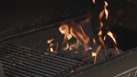 pan over to bbq charcoal briquettes on fire in slow motion