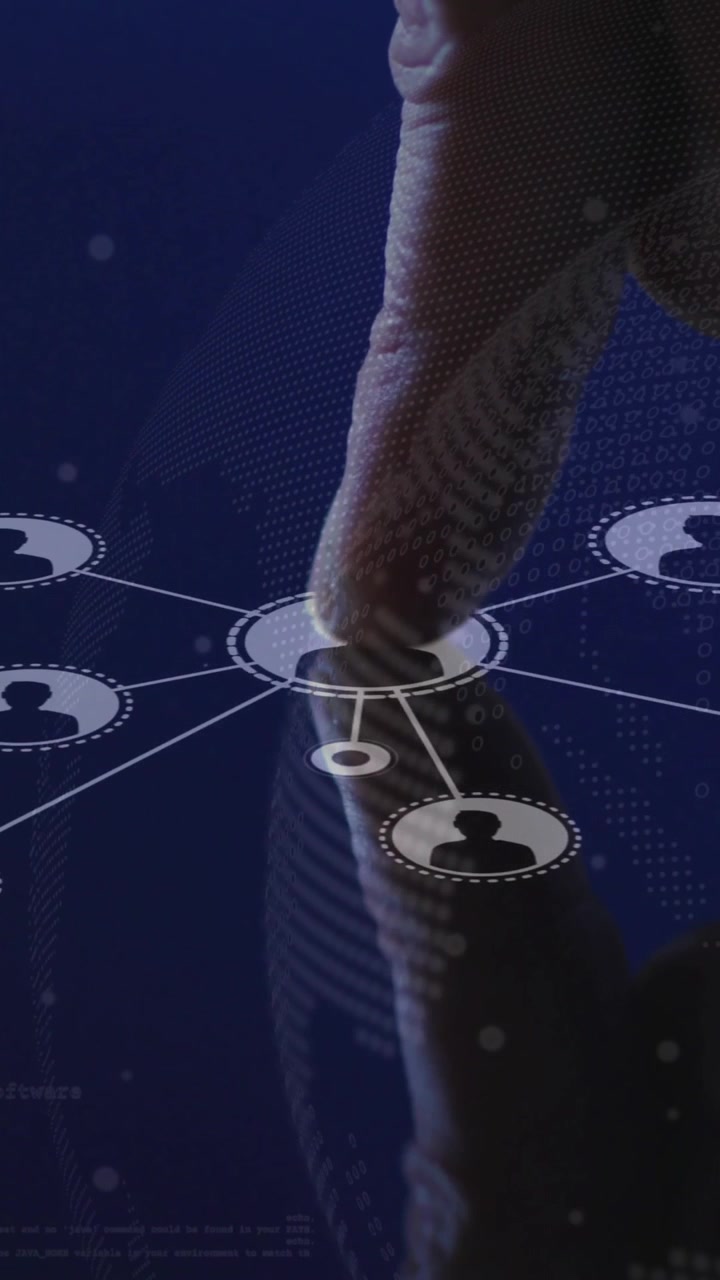 Finger interacting with animation of connected user icons on blue background