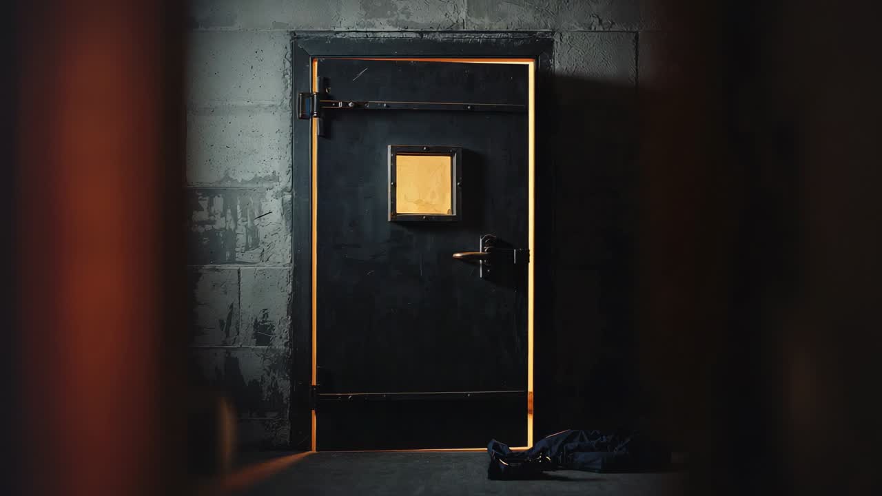 Opening heavy steel door as warm inner light glowing at viewing port, causing dark fabric reveal