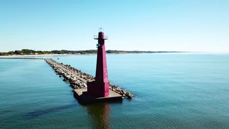 aerial over a lighthouse at muskegon michigan