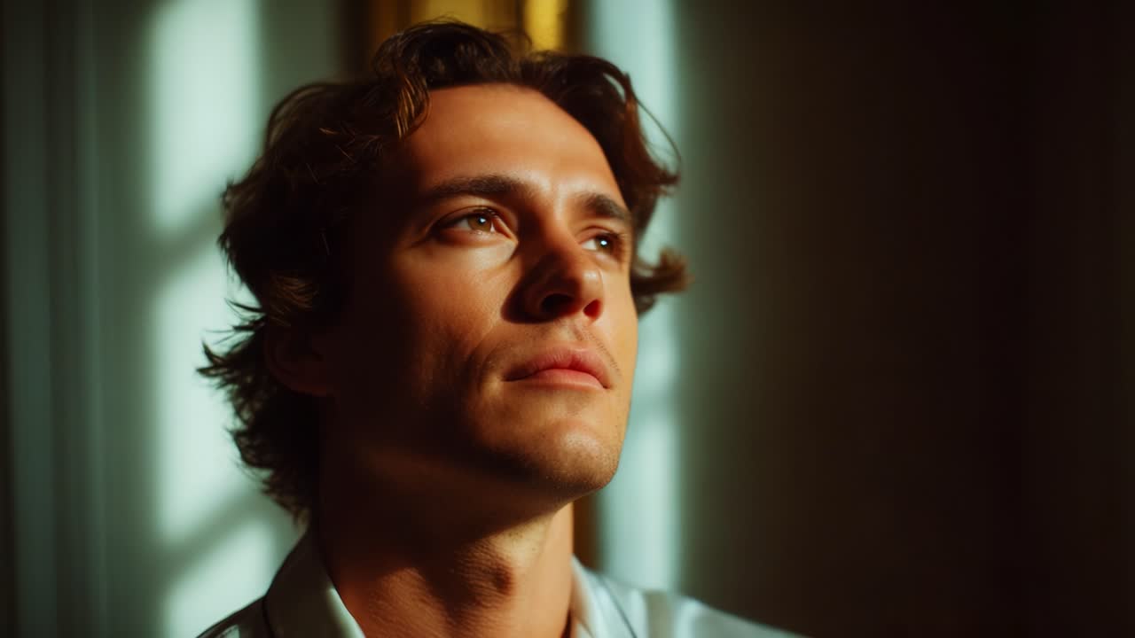 A contemplative moment unfolds as a man removes his satin sleep mask, illuminating a reflective expression that blends tranquility with curiosity in a softly lit environment