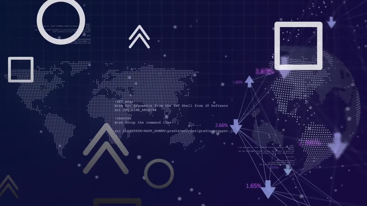 Animation of data processing over world map on blue background