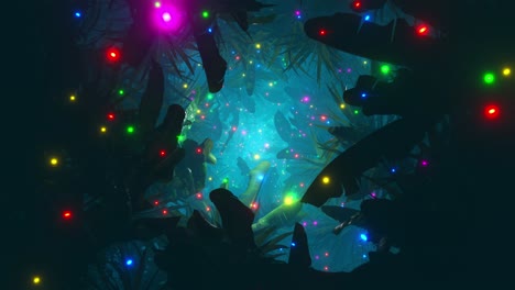 Flying-through-foliage-in-a-dark-jungle-with-lots-of-colorful-fireflies.-Infinitely-looped-animation