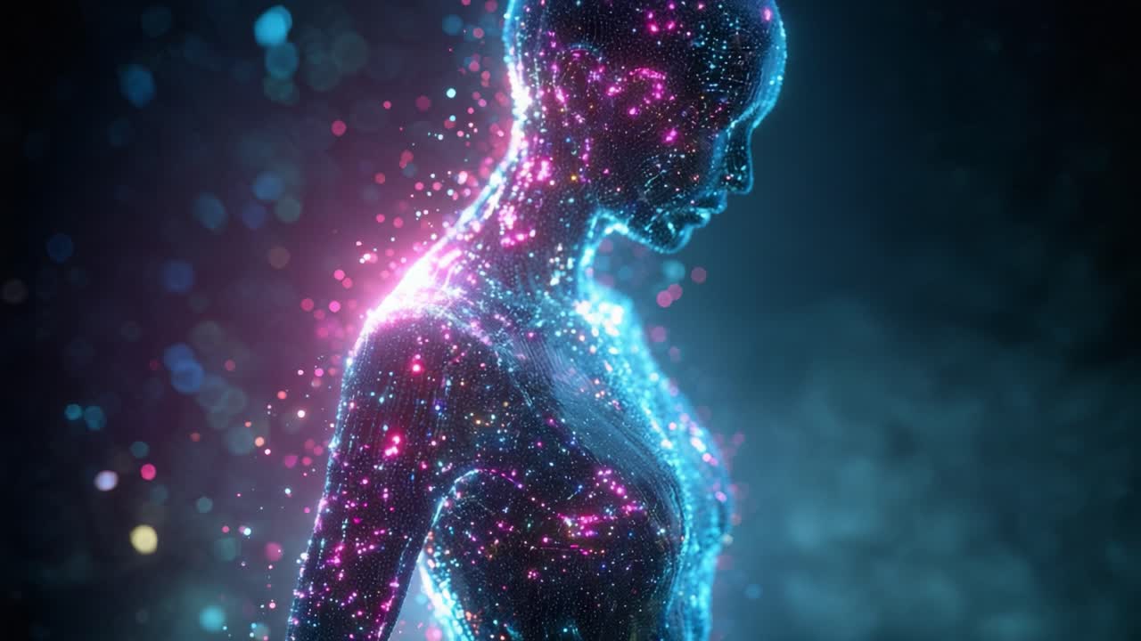 Abstract digital human figure glowing with pink and blue particles. Concept of artificial intelligence, metaverse avatar, spiritual energy, soul, and futuristic technology against a dark background