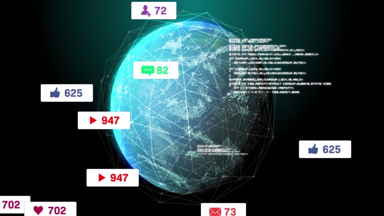 검은색 배경 위에 전 세계에 있는 알림 바와 연결된 점들의 애니메이션