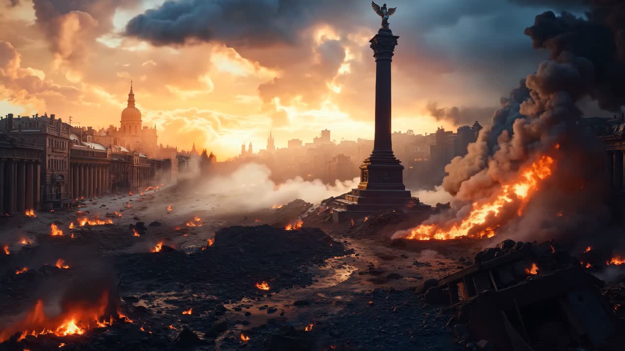 도시 한가운데에 불타고 있는 건물들의 큰 그룹