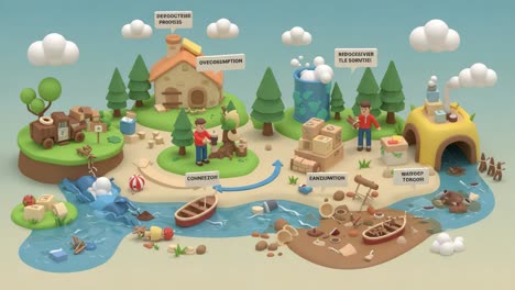 exploring environmental themes: a journey through consumption, pollution, and restoration in a playful illustrated landscape