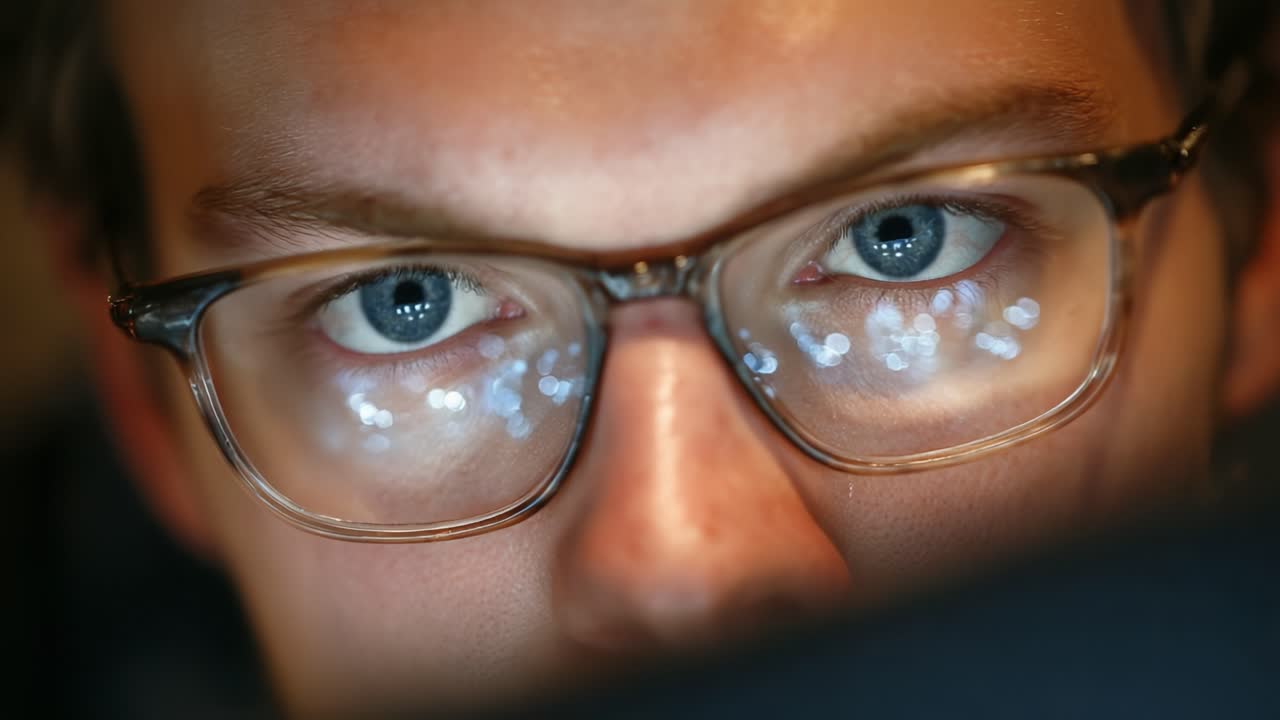 A Close-Up Look at Eyes Behind Glasses Reflecting Digital Light: Exploring the Impact of Screen Time on Vision and Modern Life
