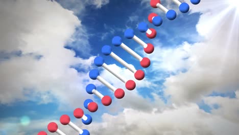 la estructura del adn gira contra el sol brillante y las nubes en el cielo azul.