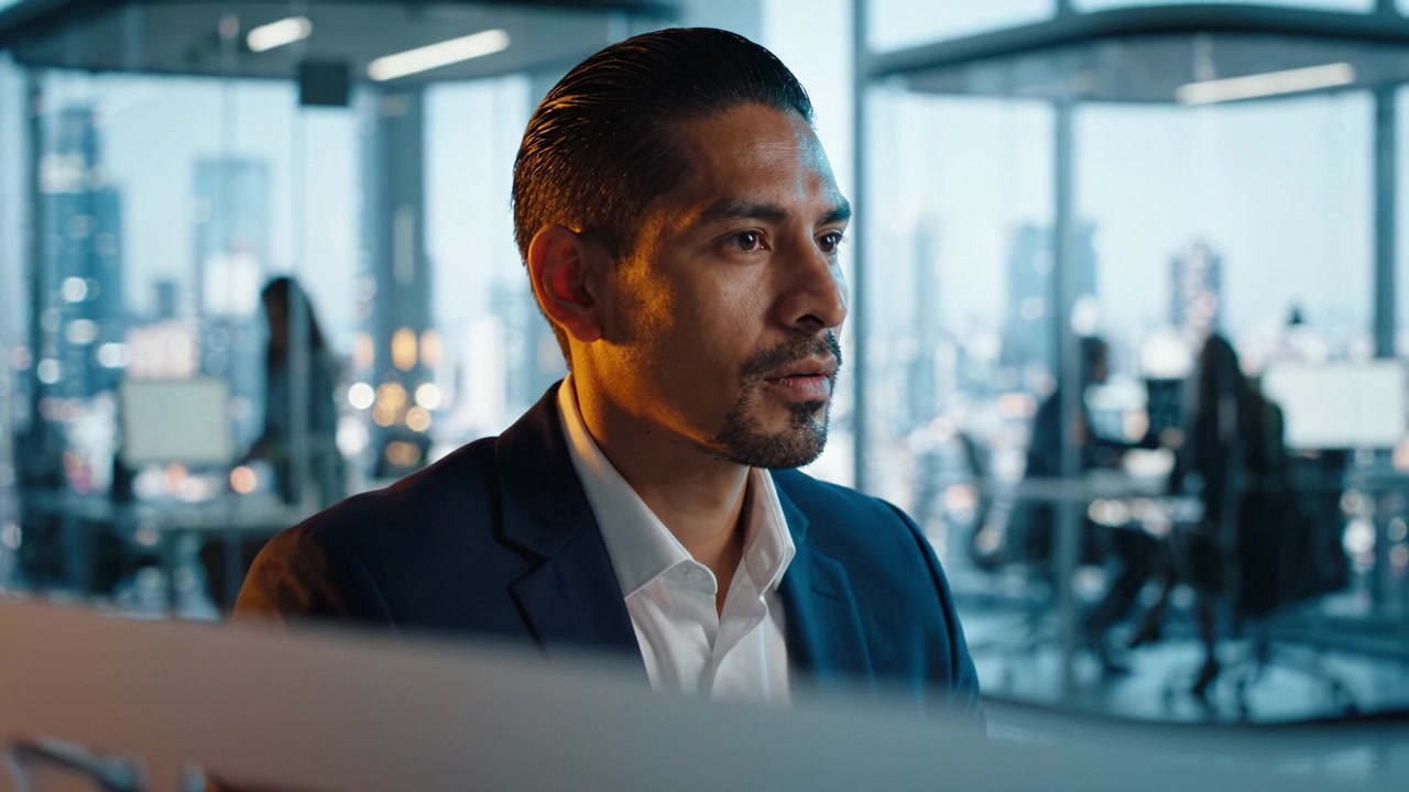 Focused Professional in Modern Office Setting Observing Cityscape Through Glass Partition, Capturing the Essence of Determination and Ambition Amidst Urban Atmosphere