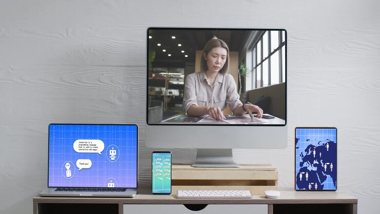 Asian businesswoman on computer video call with data processing on screens in office