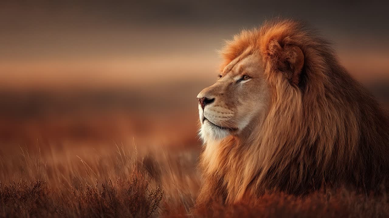 Majestic Lion Gazing Into the Horizon: A Captivating Portrait of Nature's King in a Serene Golden Landscape
