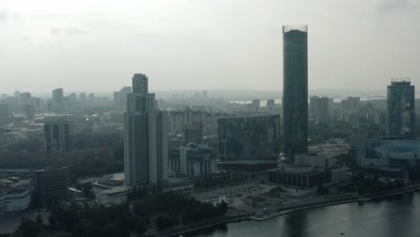 cityscape aerial view with modern skyscrapers and river