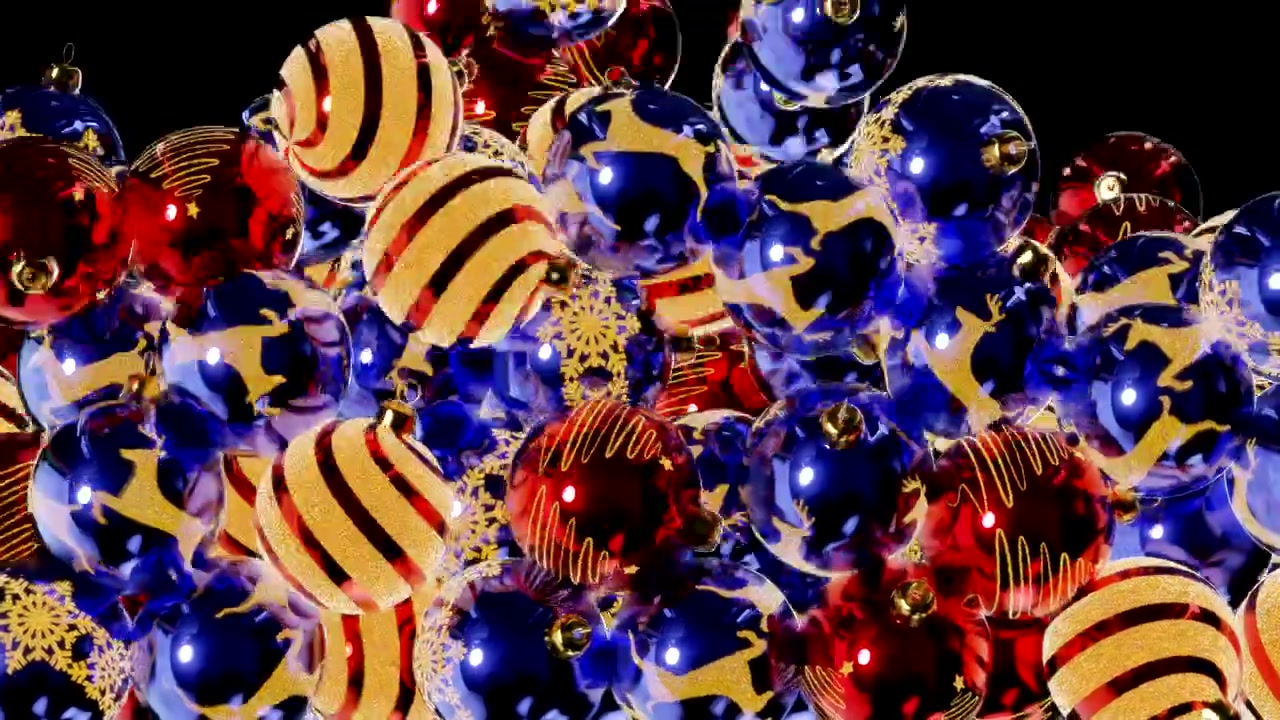 Transizione 6 secondi di palle di Natale che cadono, riempiendo lo schermo, animazione 3D