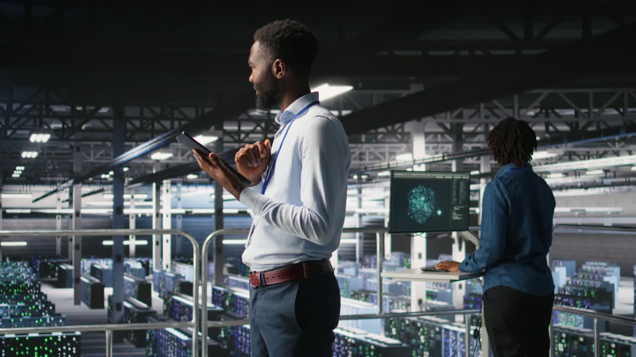 Software developers on data center industrial platform analyzing performance