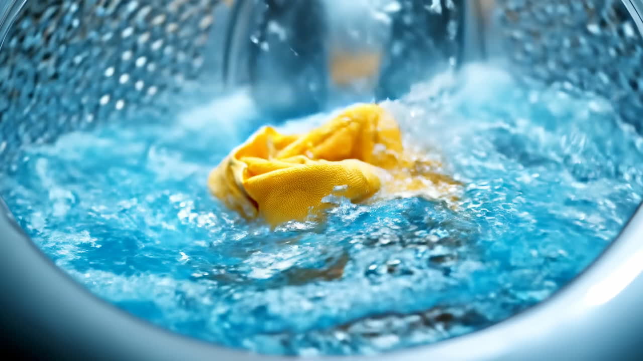 Cleaning a cloth in a washing machine. Bright yellow cloth is being washed in a washing machine filled with blue water and bubbles, showing a cleaning process