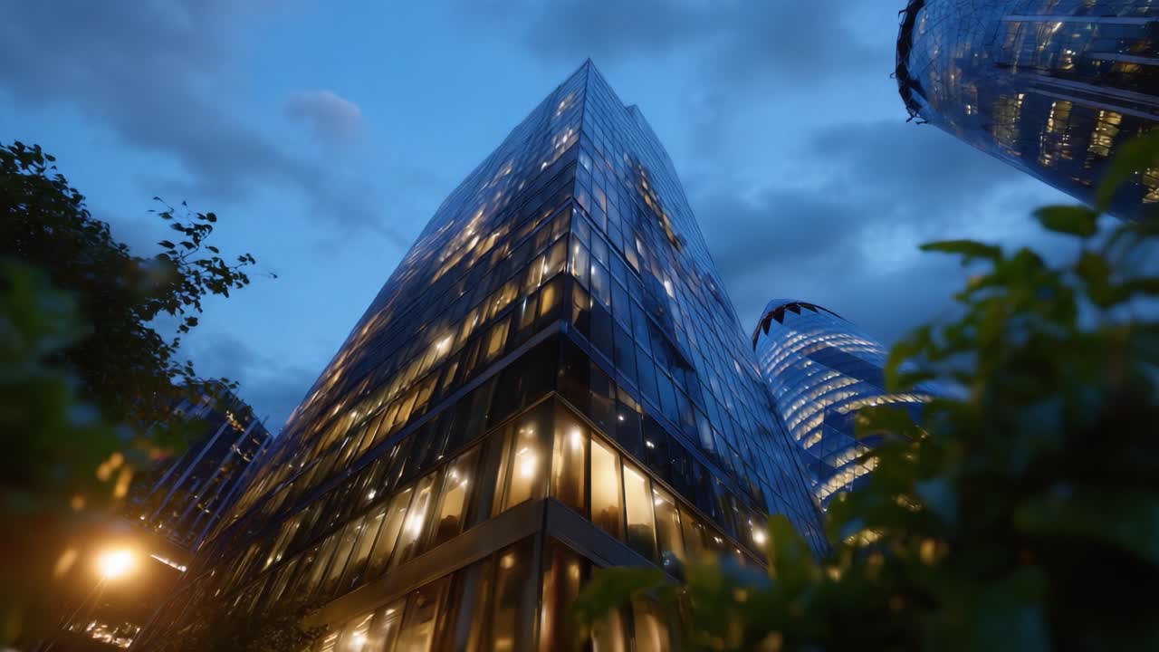 Impresionante paisaje arquitectónico nocturno: un moderno edificio de cristal iluminado sobre un cielo que se oscurece, con espectaculares nubes y entorno urbano.