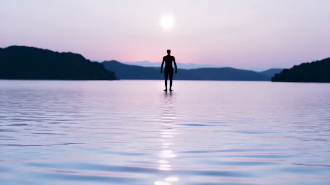 Sun descending man wearing wetsuit balancing on hydrofoil in lake twilight with sun reflection