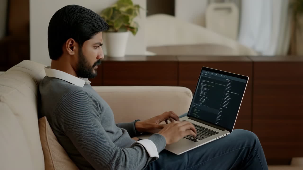 Young man programming on laptop while sitting on sofa at home