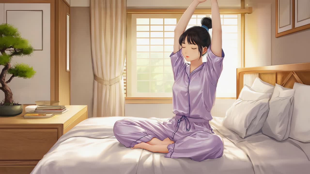 Young woman in pajamas sitting cross legged on her bed, stretching and soaking in sunlight streaming through the window in her cozy bedroom with a bonsai tree