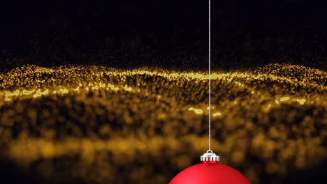 Animation-Aus-Roter-Weihnachtskugel-Und-Goldenem,-Wellenförmigem-Netz-Auf-Schwarzem-Hintergrund