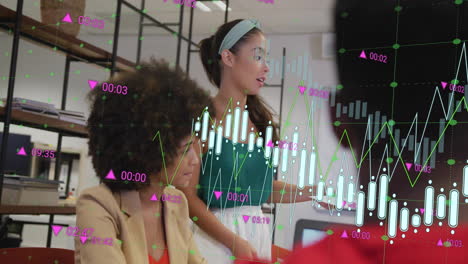 animation of financial data processing over diverse colleagues having meeting in office