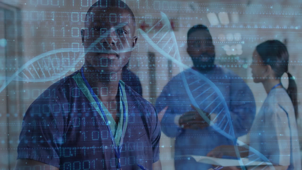 Animation of data processing and dna strands over diverse doctors working in hospital