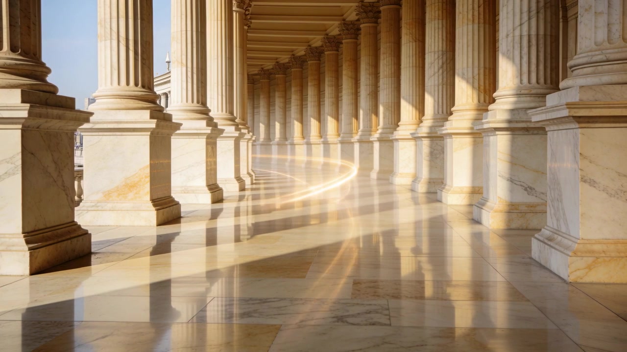 Casting low sun forming S-shaped light band moving along marble floor in colonnade by stone columns