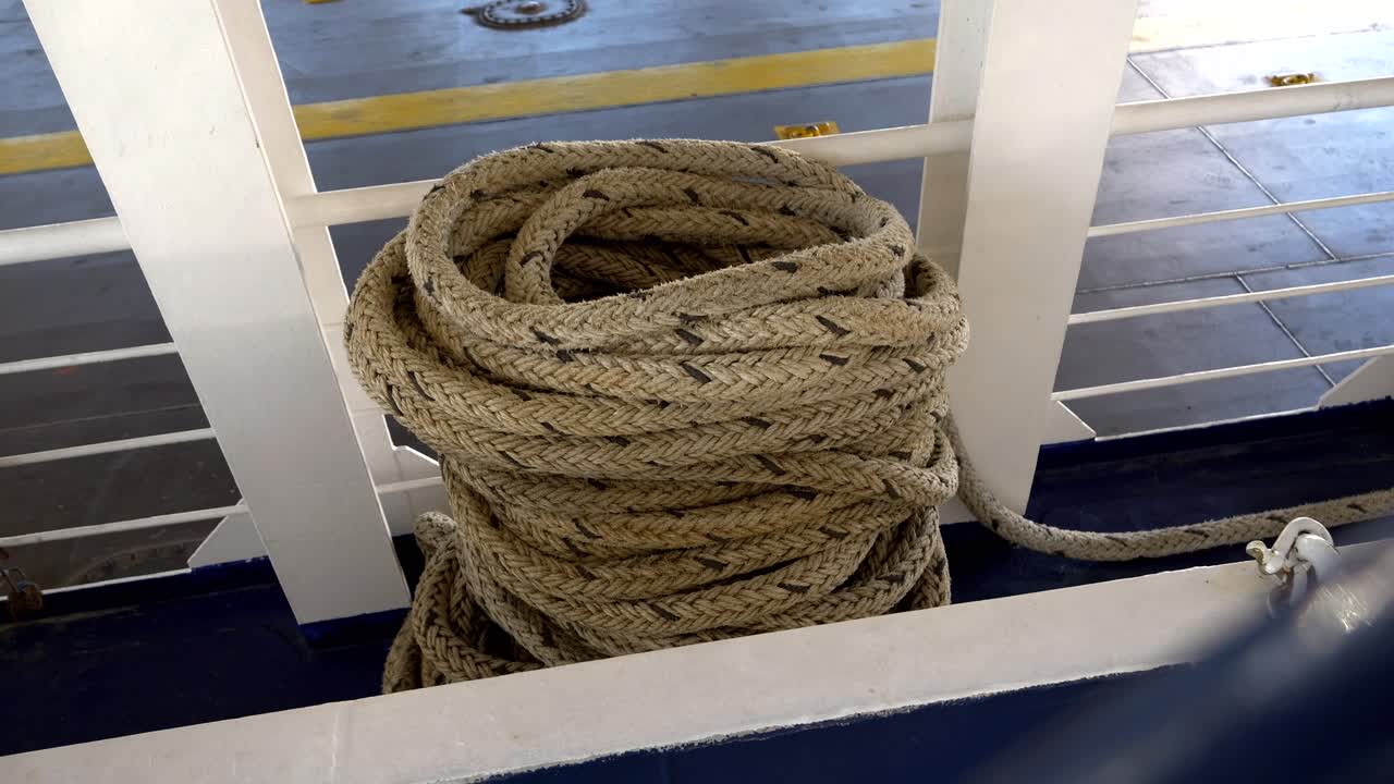 Thick coiled rope lying on the ferry's deck