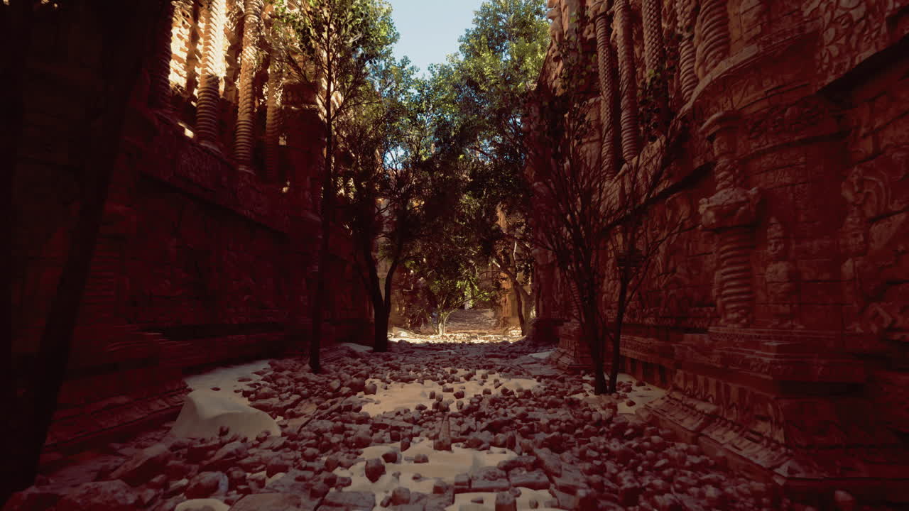 Ancient ruins bathed in sunlight with scattered stones and lush greenery