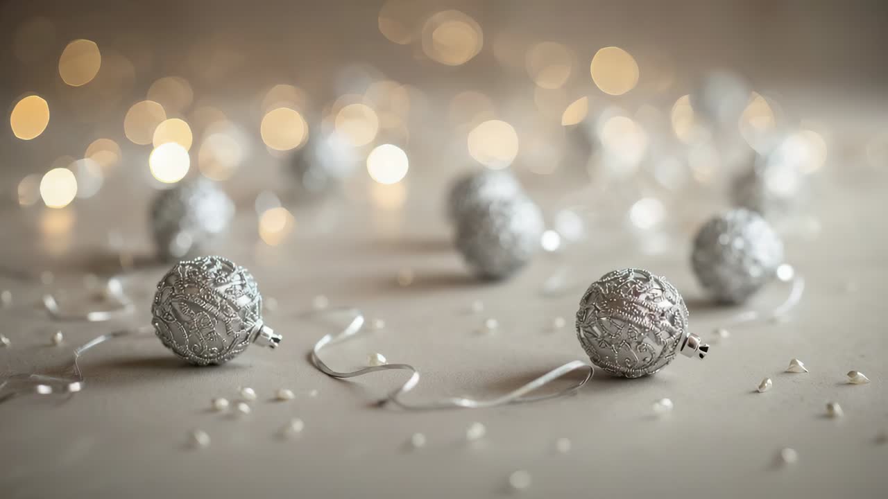 Spostamento della telecamera con cambio di messa a fuoco su un tavolo da studio, con decorazioni argentate, nastro, perle ed effetto bokeh