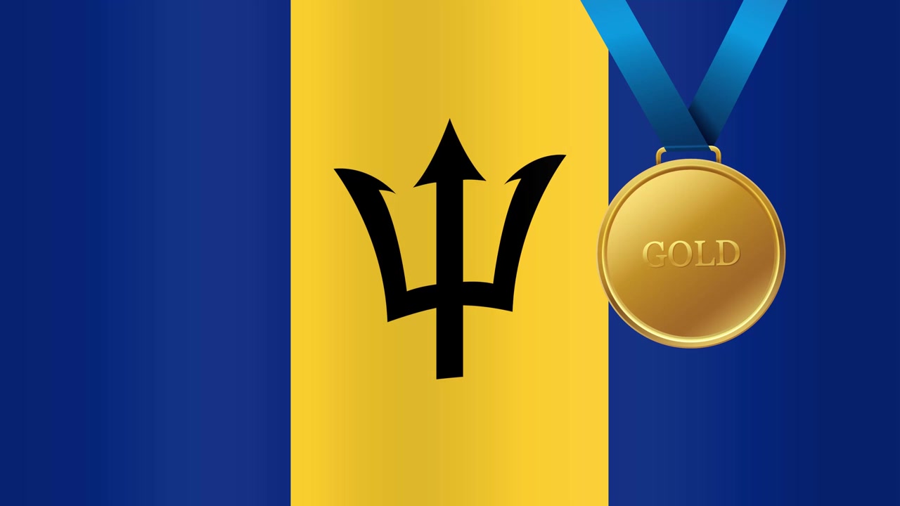 Eine Goldmedaille schwingt über einer wehenden Barbados-Flagge in einer nahtlosen Endlosschleifenanimation.