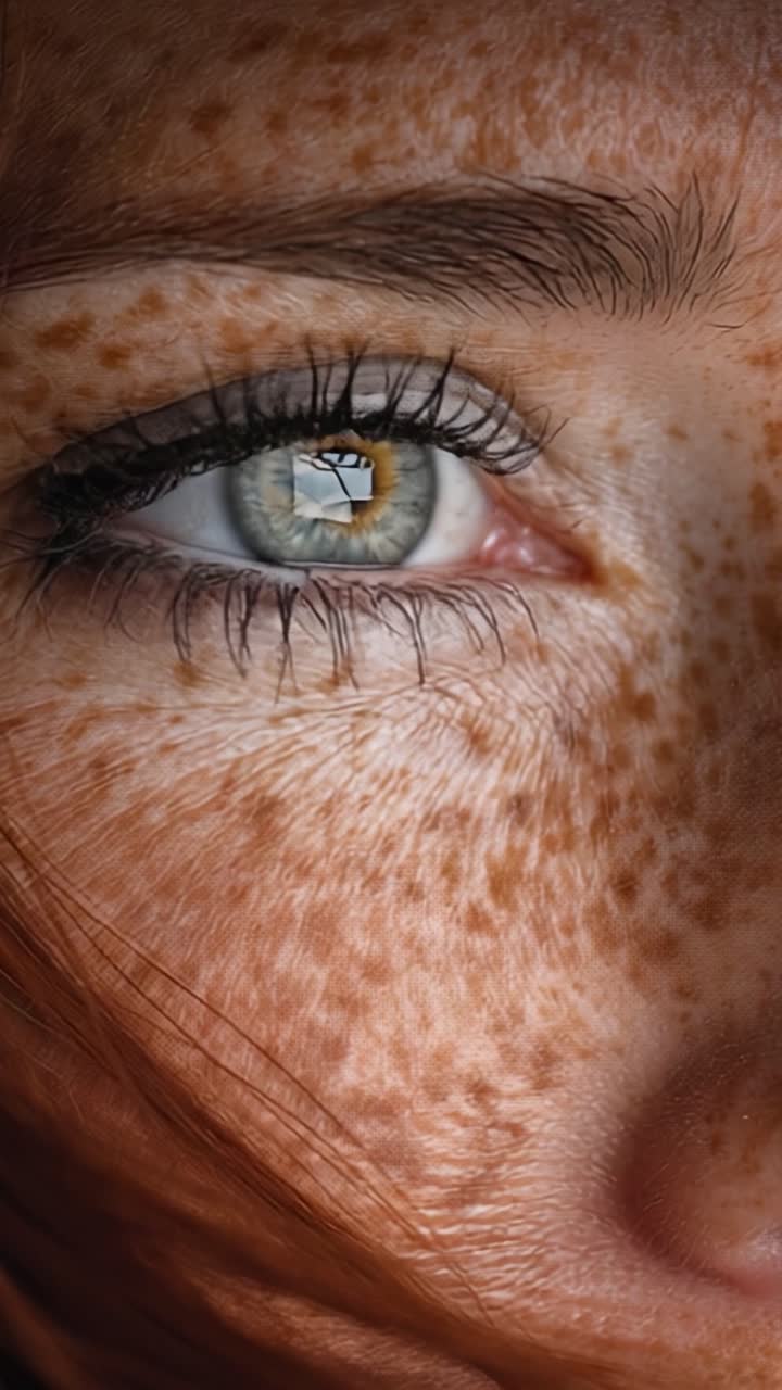 Primo piano dettagliato di un bellissimo occhio con lentiggini, che mette in mostra la bellezza naturale e le intricate texture dell'iride e della pelle, evidenziando caratteristiche ed espressioni uniche.