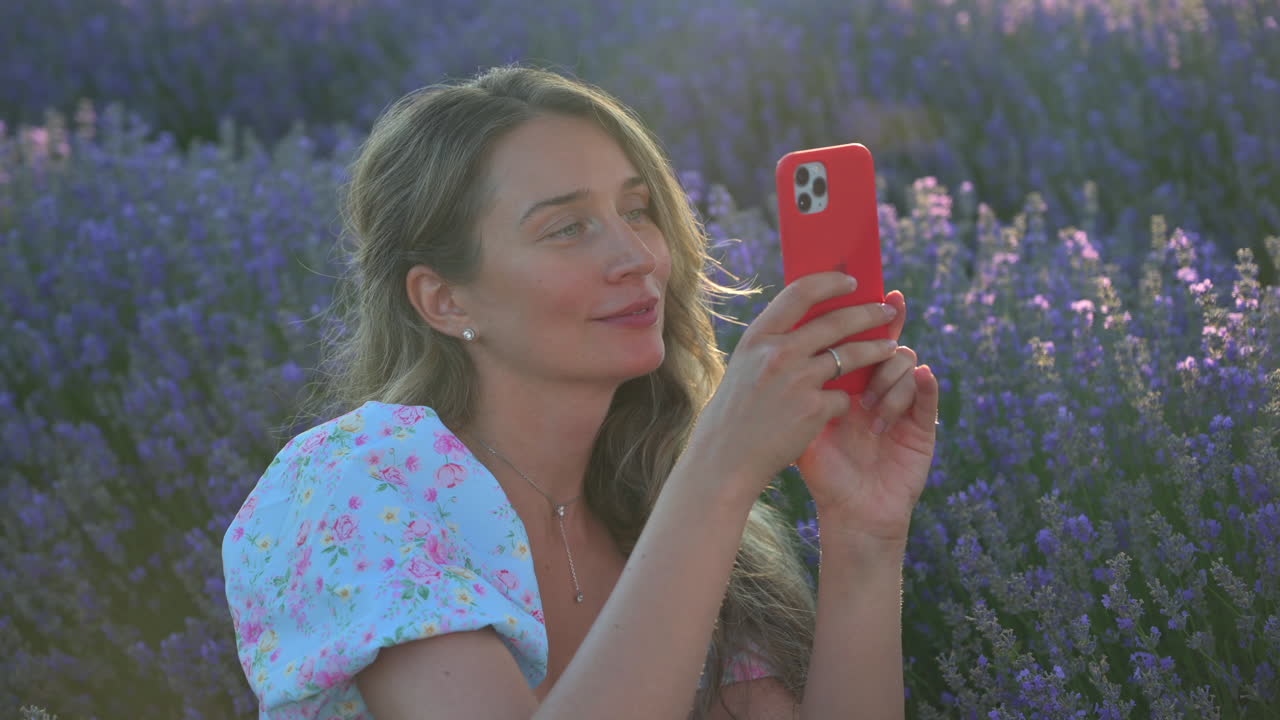Woman in a blue floral dress taking pictures of lavender field at sunset